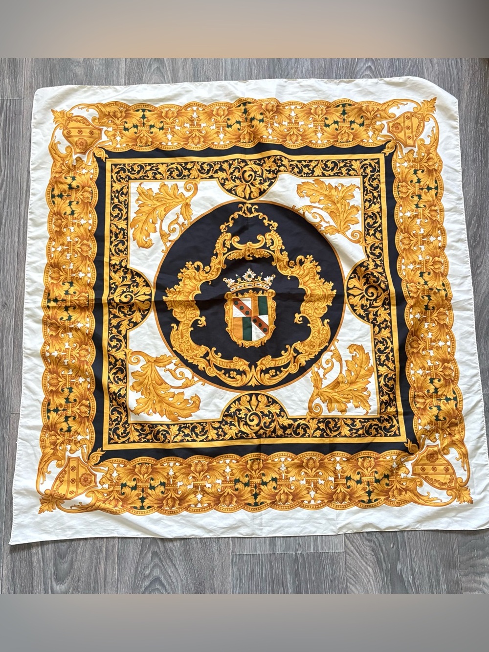 VTG  baar & beards Silk Square Scarf Hand Rolled Baroque Royal Crest Navy Gold